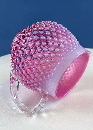 Fenton Pink Glass Pitcher with Hobnail Pattern & Pinched Clear Handle. Water Juice Milk Jug. Flower Vase. Collectible Glass.