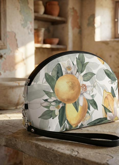 Mediterranean Lemon Blossom Makeup Bag — Citrus Floral Cosmetic Pouch