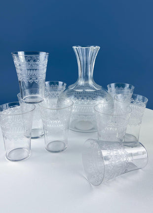 Fostoria Needle-Etched Cloverleaf Crystal Set of 9 Water Juice Liqueur Tumblers with Matching Decanter Carafe. Dining Barware LibraryDisplay