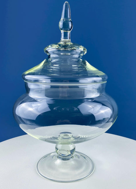 Glass Footed & Lidded Apothecary Jar with Chinese Lanterns. For Objects Display, Bathroom Toiletries Holiday Decor. Terrarium. Candy Dish.