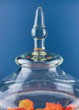 Glass Footed & Lidded Apothecary Jar with Chinese Lanterns. For Objects Display, Bathroom Toiletries Holiday Decor. Terrarium. Candy Dish.