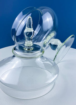 Glass Footed & Lidded Apothecary Jar with Chinese Lanterns. For Objects Display, Bathroom Toiletries Holiday Decor. Terrarium. Candy Dish.