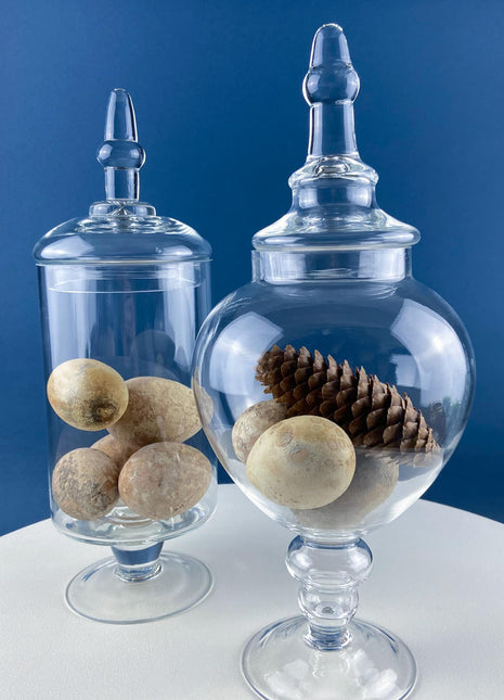 Glass Footed & Lidded Apothecary Jars for Storage, Objects Display, Bathroom Toiletries. Holiday Arrangements. Terrarium. Table Centerpiece.