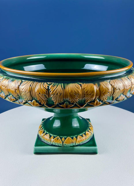 Green Majolica Ceramic Planter with Gold Relief. Abigails Italy. Art Nouveau Flower Fern Jardiniere. Table Centerpiece. Dining Room Decor.
