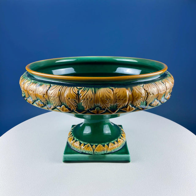 Green Majolica Ceramic Planter with Gold Relief. Abigails Italy. Art Nouveau Flower Fern Jardiniere. Table Centerpiece. Dining Room Decor.