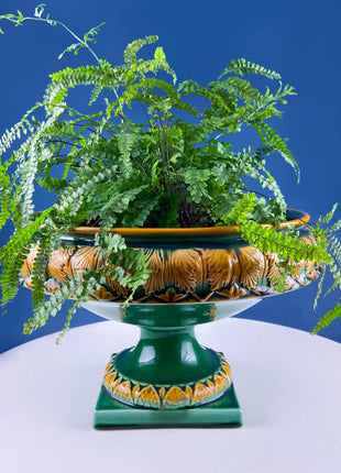 Green Majolica Ceramic Planter with Gold Relief. Abigails Italy. Art Nouveau Flower Fern Jardiniere. Table Centerpiece. Dining Room Decor.