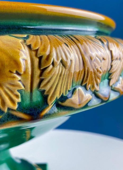 Green Majolica Ceramic Planter with Gold Relief. Abigails Italy. Art Nouveau Flower Fern Jardiniere. Table Centerpiece. Dining Room Decor.