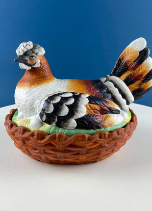 Hand Painted Large Hen in a Basket Covered Serving Dish/Turin. Rare Ceramic Chicken Sitting on Eggs Butter Bowl with Lid. Dining Room Decor