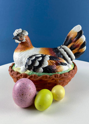 Hand Painted Large Hen in a Basket Covered Serving Dish/Turin. Rare Ceramic Chicken Sitting on Eggs Butter Bowl with Lid. Dining Room Decor