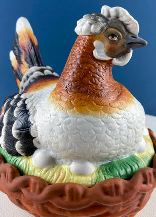 Hand Painted Large Hen in a Basket Covered Serving Dish/Turin. Rare Ceramic Chicken Sitting on Eggs Butter Bowl with Lid. Dining Room Decor