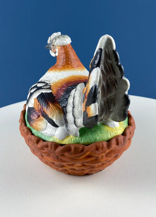 Hand Painted Large Hen in a Basket Covered Serving Dish/Turin. Rare Ceramic Chicken Sitting on Eggs Butter Bowl with Lid. Dining Room Decor