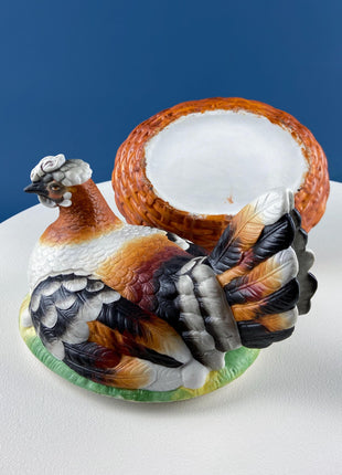 Hand Painted Large Hen in a Basket Covered Serving Dish/Turin. Rare Ceramic Chicken Sitting on Eggs Butter Bowl with Lid. Dining Room Decor