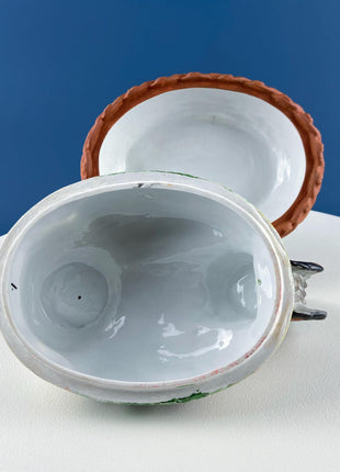 Hand Painted Large Hen in a Basket Covered Serving Dish/Turin. Rare Ceramic Chicken Sitting on Eggs Butter Bowl with Lid. Dining Room Decor