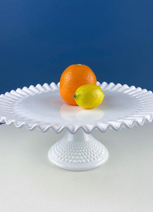 Vintage Hobnail Milk Glass Cake Stand. White 13" Cake Serving Stand with Ruffled Edge. Wedding Birthday Holiday Celebration. Dining Rm Decor