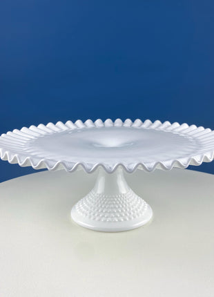 Vintage Hobnail Milk Glass Cake Stand. White 13" Cake Serving Stand with Ruffled Edge. Wedding Birthday Holiday Celebration. Dining Rm Decor