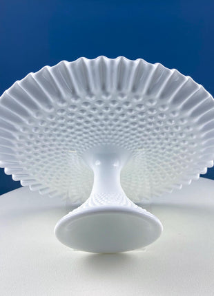 Vintage Hobnail Milk Glass Cake Stand. White 13" Cake Serving Stand with Ruffled Edge. Wedding Birthday Holiday Celebration. Dining Rm Decor