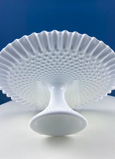 Vintage Hobnail Milk Glass Cake Stand. White 13" Cake Serving Stand with Ruffled Edge. Wedding Birthday Holiday Celebration. Dining Rm Decor