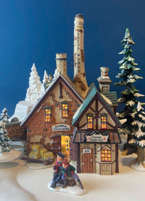 Illuminated Christmas Village "Clendum Cocoa Works" House" by Dept 56. Dickens Village Series, 1997. Porcelain Diorama.
