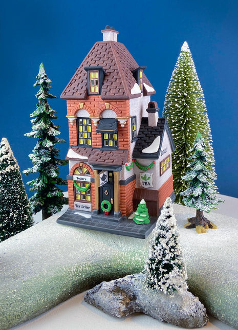 Illuminated Christmas Village Tea Seller House by Dept 56. Christmas in the City. Magical Holiday Home Retail Decor. Gift for Tea Lover.