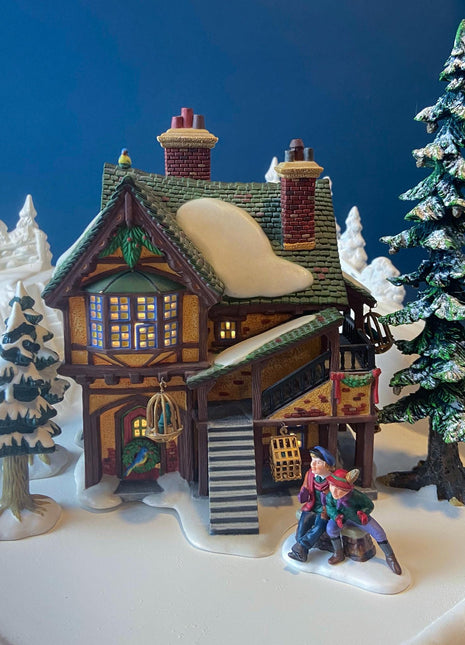 Illuminated Porcelain Christmas Village "Wingham Lane Parrot Seller" House" by Dept 56. and Woman Holding Bird Cage, Dickens Village, 1999.