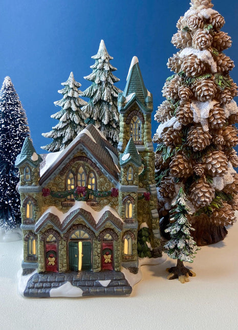 Illuminated Stoney Bridge Church by Santa's Workbench Collection. Victorian Series. Christmas Village Building. Porcelain Lighted House.