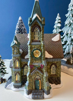 Illuminated Stoney Bridge Church by Santa's Workbench Collection. Victorian Series. Christmas Village Building. Porcelain Lighted House.
