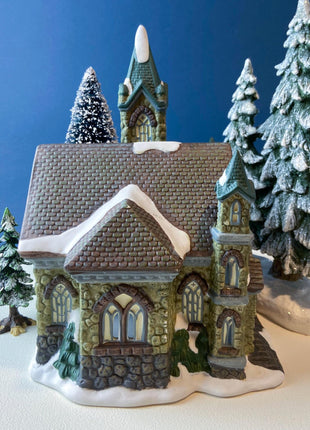 Illuminated Stoney Bridge Church by Santa's Workbench Collection. Victorian Series. Christmas Village Building. Porcelain Lighted House.