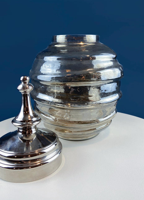 Iridescent Clear & Gold Glass Decorative Jar Canister or Vase. Stainless Steel Lid. Swirl Shape. Modern Display. Holiday Decor Storage.