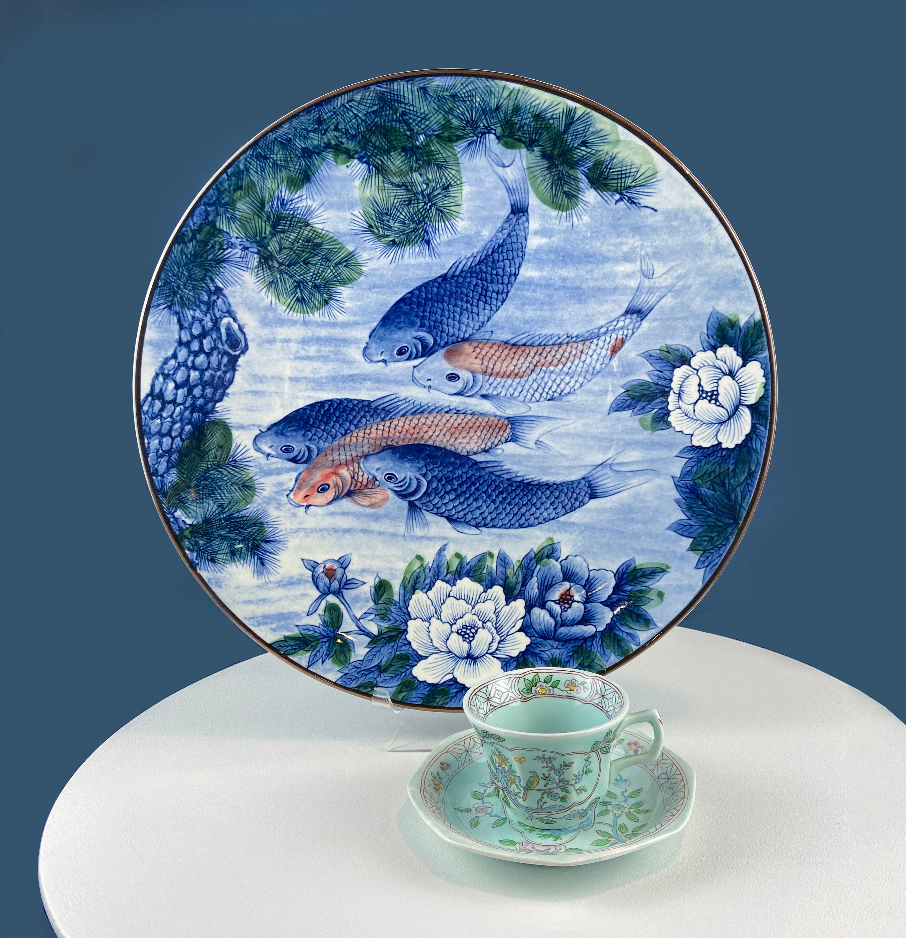 chinesekoi fish lid box porcelain Handpainted Koi Fish Platter: Japanese Collectible Art Plate, 16"