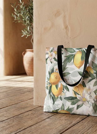 Mediterranean Lemon Blossom Tote Bag — Floral Citrus, White with Black Handle