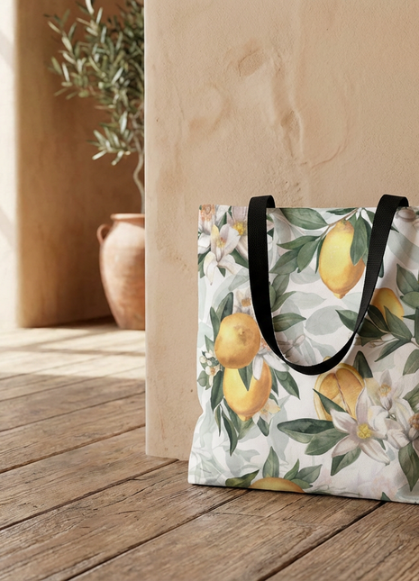 Mediterranean Lemon Blossom Tote Bag — Floral Citrus, White with Black Handle