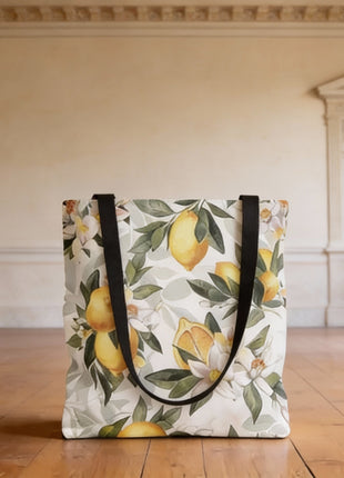 Mediterranean Lemon Blossom Tote Bag — Floral Citrus, White with Black Handle