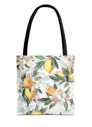 Mediterranean Lemon Blossom Tote Bag — Floral Citrus, White with Black Handle