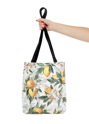 Mediterranean Lemon Blossom Tote Bag — Floral Citrus, White with Black Handle