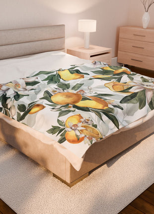 Lemon Blossom Velveteen Plush Blanket — Lemon Floral Cozy Throw