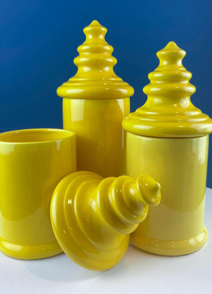 Vintage Mid Century Modern Dandelion Yellow Ceramic Lantern Shaped Canisters with Lids. Set of 3. Kitchen Dining Rm Decor. Modern Farmhouse.