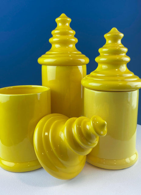 Vintage Mid Century Modern Dandelion Yellow Ceramic Lantern Shaped Canisters with Lids. Set of 3. Kitchen Dining Rm Decor. Modern Farmhouse.