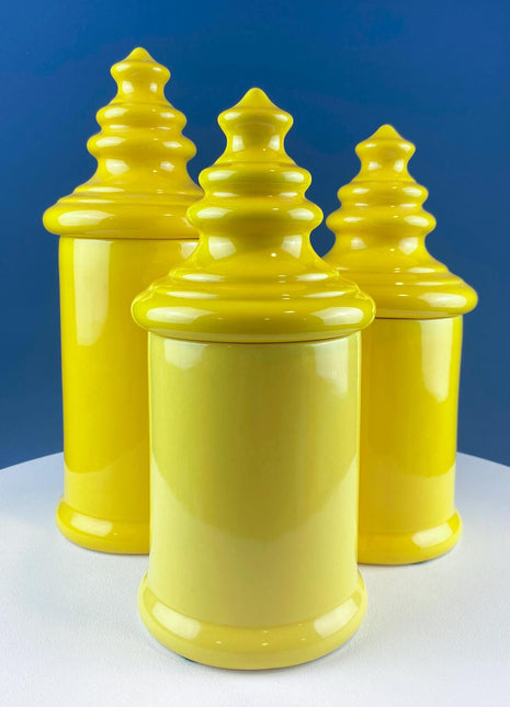 Vintage Mid Century Modern Dandelion Yellow Ceramic Lantern Shaped Canisters with Lids. Set of 3. Kitchen Dining Rm Decor. Modern Farmhouse.