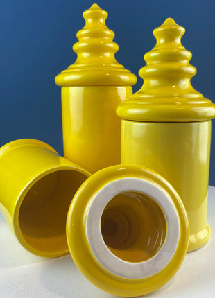 Vintage Mid Century Modern Dandelion Yellow Ceramic Lantern Shaped Canisters with Lids. Set of 3. Kitchen Dining Rm Decor. Modern Farmhouse.