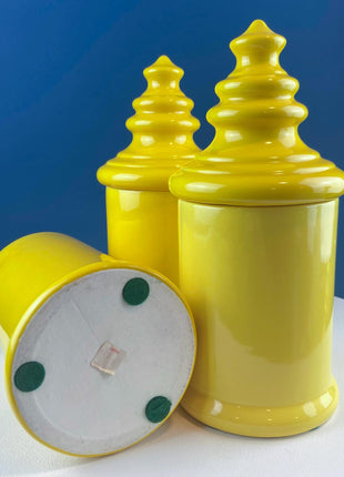 Vintage Mid Century Modern Dandelion Yellow Ceramic Lantern Shaped Canisters with Lids. Set of 3. Kitchen Dining Rm Decor. Modern Farmhouse.