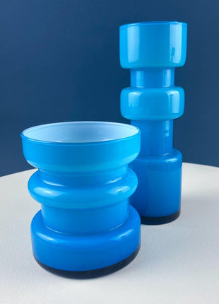 Set of 2 Modern Aqua Blue Geometrical Vases Ornamental Art Glass. Home Office or Retail Decor. Interior Design Ideas. Gift for Him or Her.