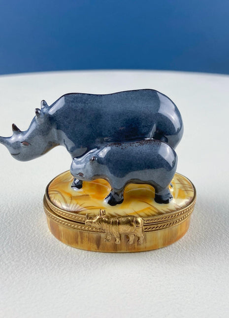 Mom and Baby Rhinos Vintage Retired Limoges Miniature Box. Collectible Porcelain & Brass Trinket Ring Pill Box. African Safari Design.