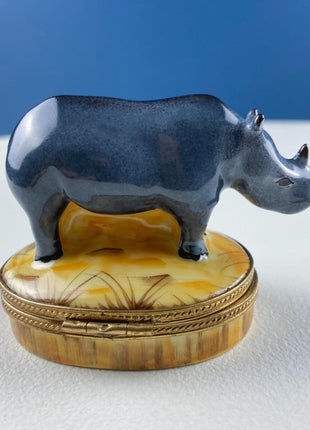 Mom and Baby Rhinos Vintage Retired Limoges Miniature Box. Collectible Porcelain & Brass Trinket Ring Pill Box. African Safari Design.