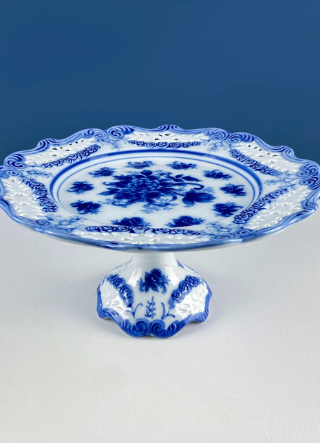 Pedestal Cake Dessert Stand. 10" Blue And White. Reticulated Scalloped Brim. Kitchen Dining Room Display. Modern Country.