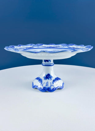 Pedestal Cake Dessert Stand. 10" Blue And White. Reticulated Scalloped Brim. Kitchen Dining Room Display. Modern Country.