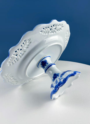 Pedestal Cake Dessert Stand. 10" Blue And White. Reticulated Scalloped Brim. Kitchen Dining Room Display. Modern Country.