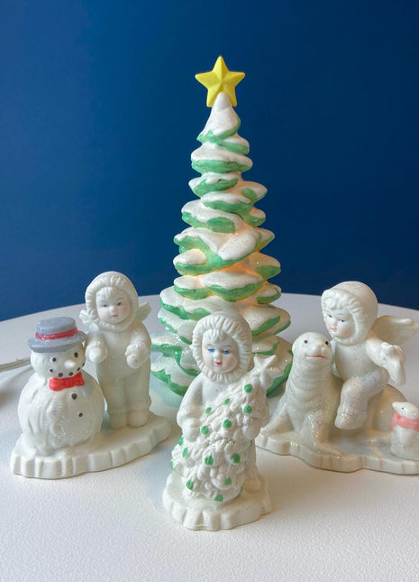 Polar Pals Playing in Snow Under Lit Christmas Tree. 3 White Porcelain Cupid Figurines Celebrating Friendship. Kids Room. Night Light.