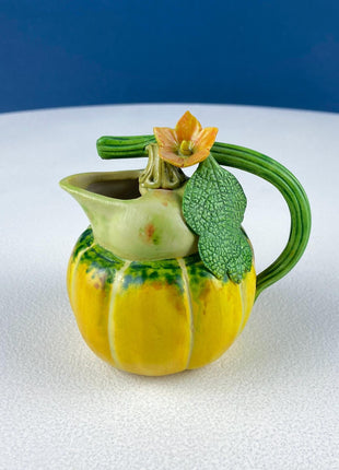 Vintage Porcelain Creamer in Shape of Pumpkin. 3D Highly Detailed Flower and Leaf. Modern Farmhouse. Dining Room Decor. Hosting Essential.