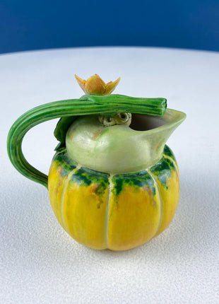 Vintage Porcelain Creamer in Shape of Pumpkin. 3D Highly Detailed Flower and Leaf. Modern Farmhouse. Dining Room Decor. Hosting Essential.