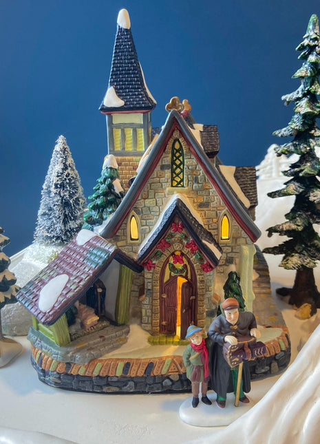 Porcelain Illuminated Christmas Village "Chapel of Light" by Santa's Workbench Collection. Interior View Series. Collectible Seasonal Decor.